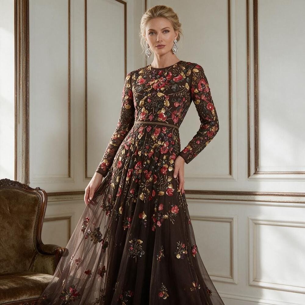 Mac Duggal Size 6 Style 94275 NWT Espresso Multi Floral Embellished Gown